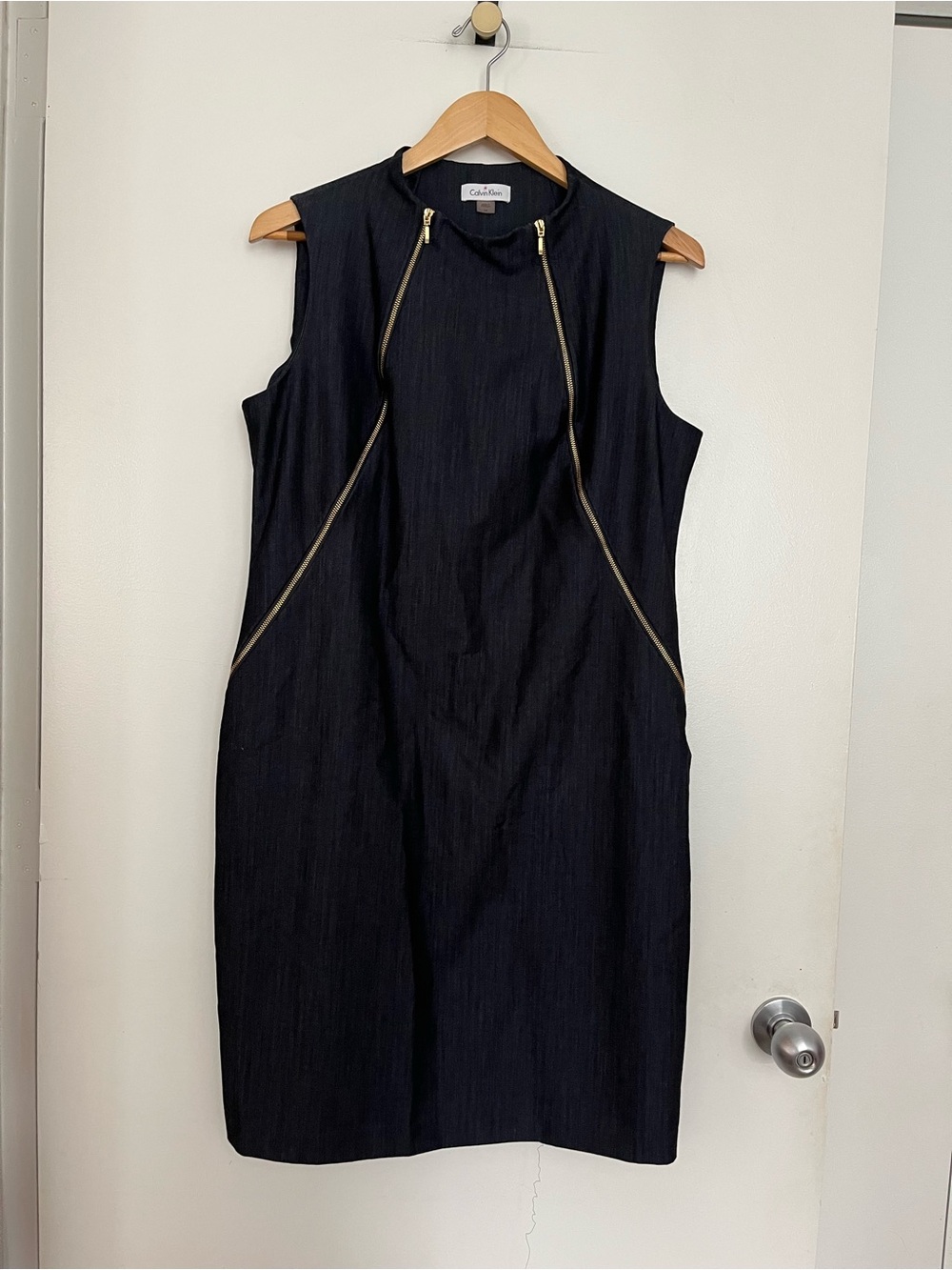 Calvin Klein dark denim-like sleeveless sheath dress with front zippers size 14